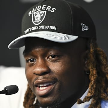 Apr 25, 2025; Henderson, NV, USA; Las Vegas Raiders first round draft pick in the 2025 NFL Draft Ashton Jeanty, speaks to the media at Intermountain Health Performance Center. Mandatory Credit: Candice Ward-Imagn Images