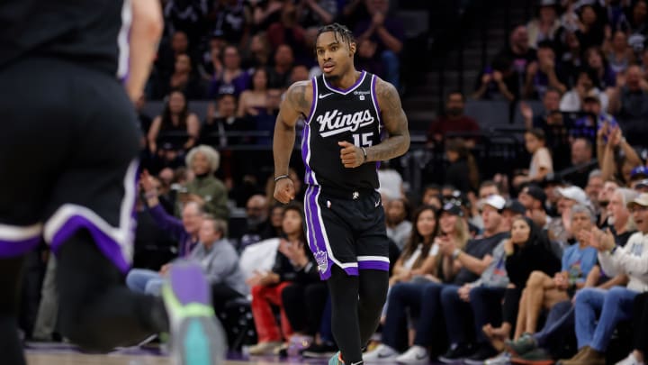 Apr 2, 2024; Sacramento, California, USA; Sacramento Kings guard Davion Mitchell (15) reacts after making a basket during the second quarter against the LA Clippers at Golden 1 Center. Mandatory Credit: Sergio Estrada-USA TODAY Sports