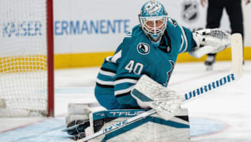Apr 16, 2025; San Jose, California, USA;  San Jose Sharks goaltender Alexandar Georgiev (40) reacts after the shot on goal against the Edmonton Oilers during the first period at SAP Center at San Jose. Mandatory Credit: Neville E. Guard-Imagn Images