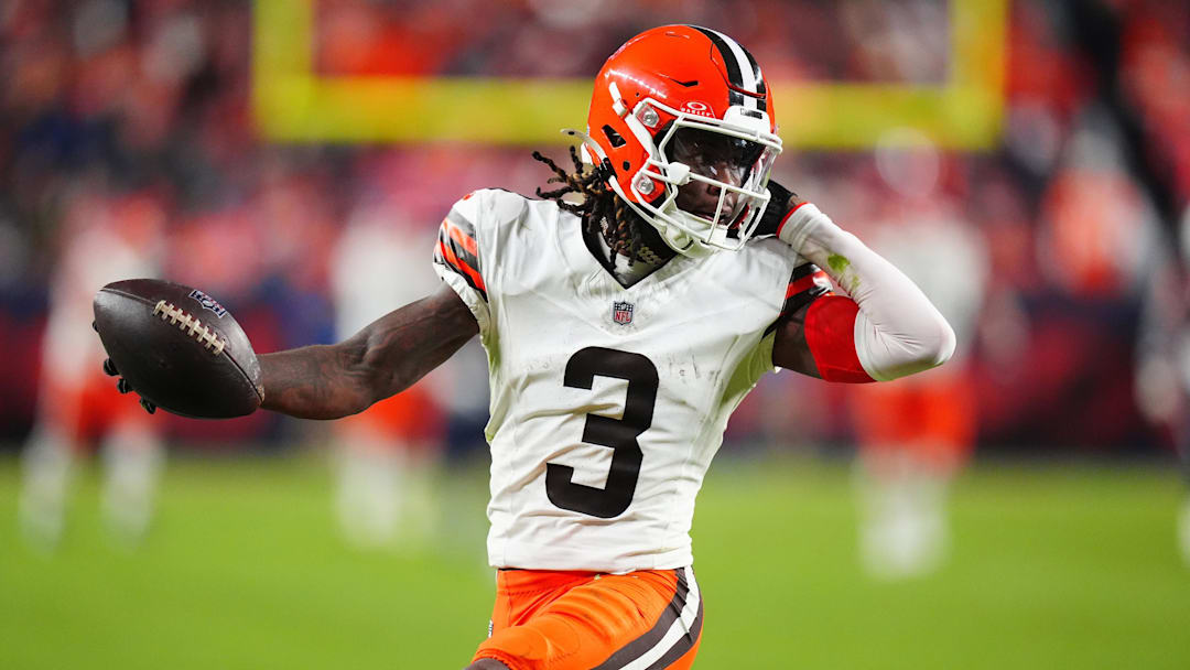 Dec 2, 2024; Denver, Colorado, USA; Cleveland Browns wide receiver Jerry Jeudy (3) scores a touchdown in the third quarter against the Denver Broncos at Empower Field at Mile High. Mandatory Credit: Ron Chenoy-Imagn Images