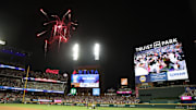Fireworks go off after Seattle Mariners catcher Cal Raleigh wins the 2025 Home Run Derby at Truist Park. Mandatory Credit: Brett Davis-Imagn Images
