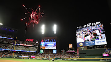 Fireworks go off after Seattle Mariners catcher Cal Raleigh wins the 2025 Home Run Derby at Truist Park. Mandatory Credit: Brett Davis-Imagn Images