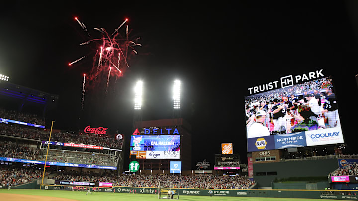Fireworks go off after Seattle Mariners catcher Cal Raleigh wins the 2025 Home Run Derby at Truist Park. Mandatory Credit: Brett Davis-Imagn Images
