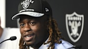 Apr 25, 2025; Henderson, NV, USA; Las Vegas Raiders first round draft pick in the 2025 NFL Draft Ashton Jeanty, speaks to the media at Intermountain Health Performance Center. 