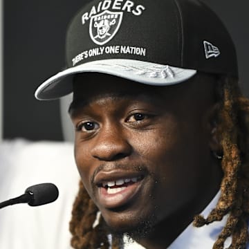 Apr 25, 2025; Henderson, NV, USA; Las Vegas Raiders first round draft pick in the 2025 NFL Draft Ashton Jeanty, speaks to the media at Intermountain Health Performance Center. 