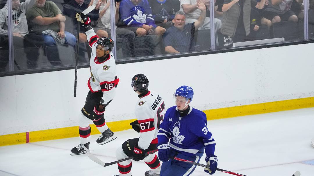 Jaxon Cover and centreman Eskild Bakke Olsen celebrating after a goal during the All-Canadian NHL Prospects Challenge on Saturday, September 12, 2026