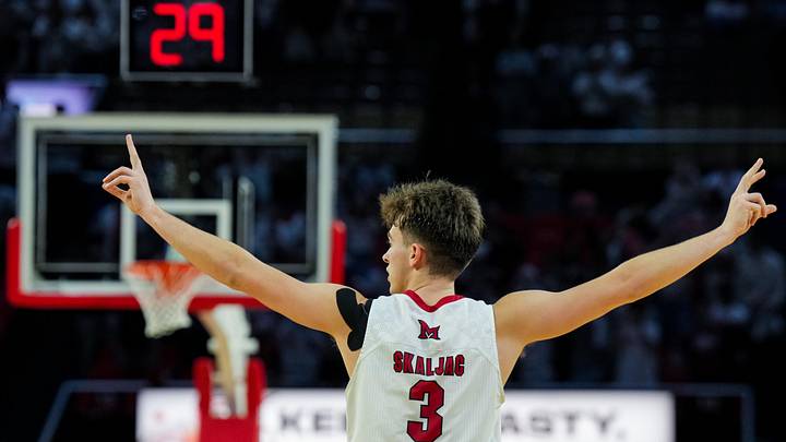 Feb 13, 2026; Miami, Ohio, USA;  Miami (OH) RedHawks guard Luke Skaljac (3) reacts against the Ohio Bobcats in the second half at Millett Hall. Mandatory Credit: Aaron Doster-Imagn Images