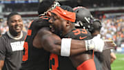 Sep 21, 2025; Cleveland, Ohio, USA; Cleveland Browns defensive tackle Shelby Harris (93) celebrates with defensive end Myles Garrett (95) after Harris blocked a field goal attempt by the Green Bay Packers during the fourth quarter at Huntington Bank Field. Mandatory Credit: Ken Blaze-Imagn Images