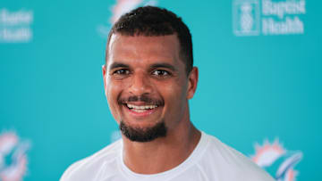 Jul 28, 2025; Miami Gardens, MI, USA; Miami Dolphins safety Minkah Fitzpatrick (29) speaks to reporters during training camp at Baptist Health Training Complex. Mandatory Credit: Sam Navarro-Imagn Images