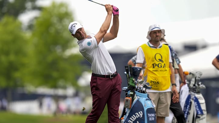 May 16, 2025; Charlotte, North Carolina, USA; Thomas Detry hits his second shot on the tenth hole during the second round of the PGA Championship golf tournament at Quail Hollow. Mandatory Credit: Jim Dedmon-Imagn Images May 16, 2025; Charlotte, North Carolina, USA; Thomas Detry hits his second shot on the tenth hole during the second round of the PGA Championship golf tournament at Quail Hollow. Mandatory Credit: Jim Dedmon-Imagn Images