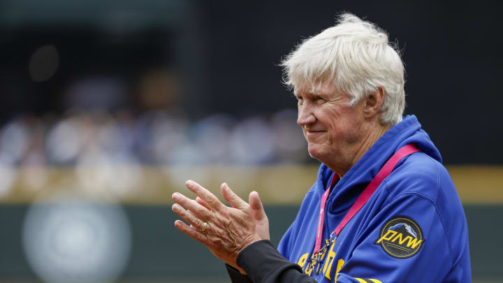 Seattle Mariners majority owner John Stanton applauds during a little league exhibition before a game against the Texas Rangers at T-Mobile Park in 2024.