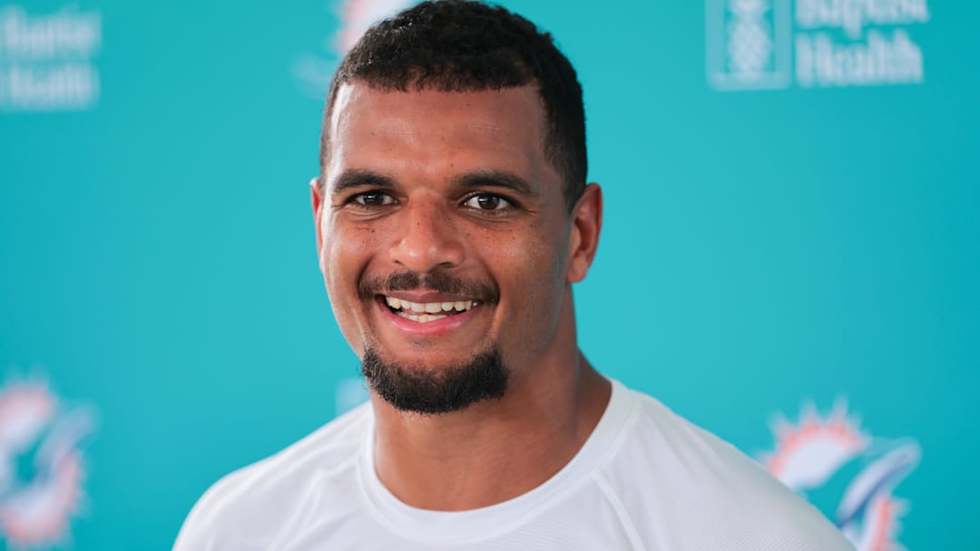 Jul 28, 2025; Miami Gardens, MI, USA; Miami Dolphins safety Minkah Fitzpatrick (29) speaks to reporters during training camp at Baptist Health Training Complex.