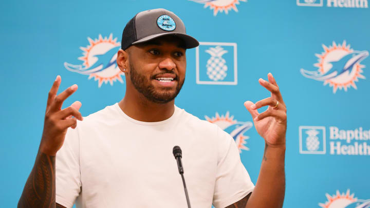 Miami Dolphins quarterback Tua Tagovailoa talks to reporters during a press conference after training camp at Baptist Health Training Complex.