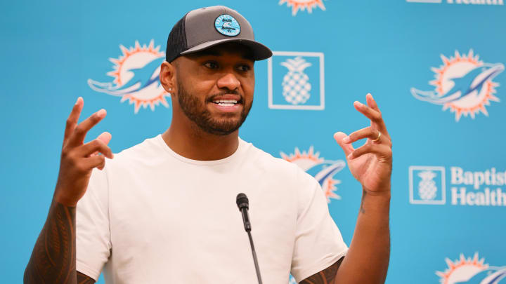 Miami Dolphins quarterback Tua Tagovailoa talks to reporters during a training camp press conference at Baptist Health Training Complex.