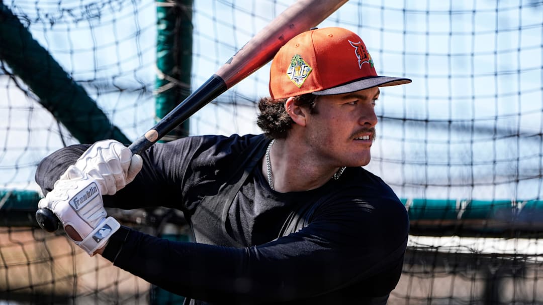 Detroit Tigers infielder John Peck practices during spring training at TigerTown in Lakeland, Fla. on Saturday, Feb. 14, 2026.