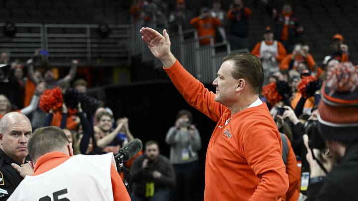 Mar 23, 2024; Omaha, NE, USA; Illinois Fighting Illini head coach Brad Underwood gestures after the game against the Duquesne Dukes in the second round of the 2024 NCAA Tournament at CHI Health Center Omaha. Mandatory Credit: Steven Branscombe-Imagn Images