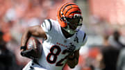 Sep 7, 2025; Cleveland, Ohio, USA; Cincinnati Bengals wide receiver Mitchell Tinsley (82) warms up before a game against the Cleveland Browns at Huntington Bank Field. Mandatory Credit: Scott Galvin-Imagn Images