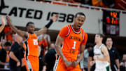 Oklahoma State Cowboys guard Bryce Thompson (1) celebrates after making a basket during a college basketball game between the Oklahoma State Cowboys (OSU) and the Green Bay Phoenix at Gallagher-Iba Arena in Stillwater, Okla., Monday, Nov. 4, 2024.