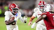 Oct 25, 2025; Columbia, South Carolina, USA; Alabama Crimson Tide wide receiver Germie Bernard (5) rushes against the South Carolina Gamecocks in the second half at Williams-Brice Stadium. Mandatory Credit: Jeff Blake-Imagn Images