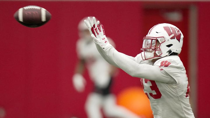 Wisconsin wide receiver Davion Thomas-Kumpula (23) is shown during spring football practice Wednesday, April 23, 2025 in Madison, Wisconsin.

Mark Hoffman/Milwaukee Journal Sentinel