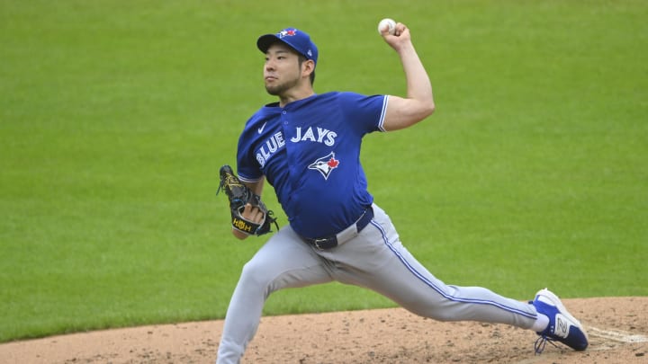 Jun 23, 2024; Cleveland, Ohio, USA; Toronto Blue Jays starting pitcher Yusei Kikuchi (16) delivers a pitch in the second inning against the Cleveland Guardians at Progressive Field. Mandatory Credit: David Richard-USA TODAY Sports