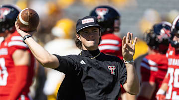 Oct 18, 2025; Tempe, Arizona, USA; Texas Tech Red Raiders quarterback Behren Morton (2) against the Arizona State Sun Devils in the first half at Mountain America Stadium. Mandatory Credit: Mark J. Rebilas-Imagn Images