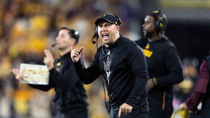 Nov 28, 2025; Tempe, Arizona, USA; Arizona State Sun Devils head coach Kenny Dillingham reacts against the Arizona Wildcats during the 99th Territorial Cup at Mountain America Stadium. Mandatory Credit: Mark J. Rebilas-Imagn Images