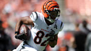Sep 7, 2025; Cleveland, Ohio, USA; Cincinnati Bengals wide receiver Mitchell Tinsley (82) warms up before a game against the Cleveland Browns at Huntington Bank Field. Mandatory Credit: Scott Galvin-Imagn Images