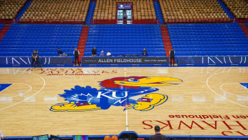 Dec 31, 2022; Lawrence, Kansas, USA; A general view of the center at Allen Fieldhouse. Mandatory Credit: Denny Medley-USA TODAY Sports