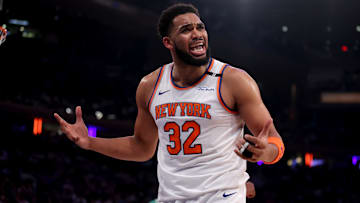 May 16, 2025; New York, New York, USA; New York Knicks center Karl-Anthony Towns (32) reacts during the first quarter of game six in the second round of the 2025 NBA Playoffs against the Boston Celtics at Madison Square Garden. Mandatory Credit: Brad Penner-Imagn Images