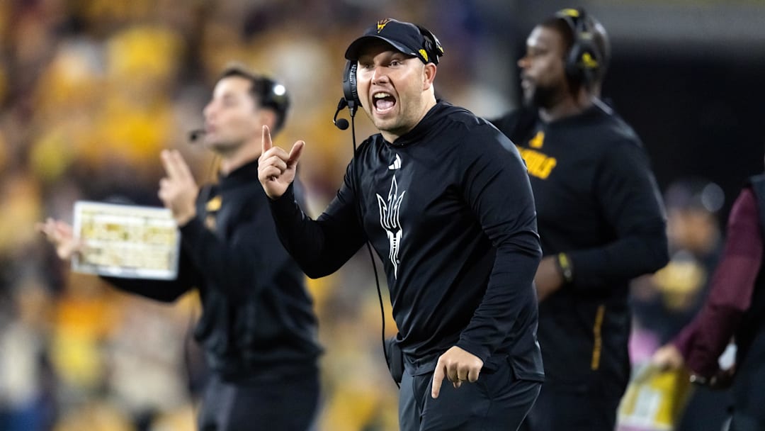Nov 28, 2025; Tempe, Arizona, USA; Arizona State Sun Devils head coach Kenny Dillingham reacts against the Arizona Wildcats during the 99th Territorial Cup at Mountain America Stadium. Mandatory Credit: Mark J. Rebilas-Imagn Images