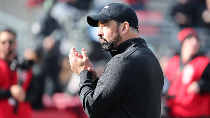 Nov 1, 2025; Columbus, Ohio, USA;  Ohio State Buckeyes head coach Ryan Day coaches his team before the game against the Penn State Nittany Lions at Ohio Stadium. Mandatory Credit: Joseph Maiorana-Imagn Images
