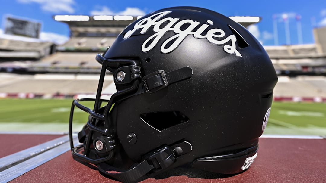 A detail view of a Texas A&M Aggies helmet on the sideline prior to the game against the Mississippi State Bulldogs at Kyle Field. 