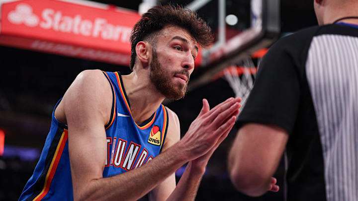 Mar 4, 2026; New York, New York, USA; Oklahoma City Thunder center Chet Holmgren (7) reacts after a call during the second half against the New York Knicks at Madison Square Garden. Mandatory Credit: Vincent Carchietta-Imagn Images
