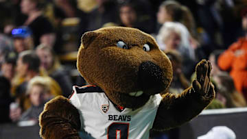 Nov 6, 2021; Boulder, Colorado, USA;  Oregon State Beavers mascot Benny Beaver during the game against the Colorado Buffaloes at Folsom Field. Mandatory Credit: Ron Chenoy-USA TODAY Sports