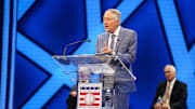 Jul 22, 2023; Cooperstown, NY, USA; Pat Hughes speaks after he was awarded the Ford C. Frick Award for broadcasters during the hall of fame awards presentation at the Alice Busch Opera Theater. 