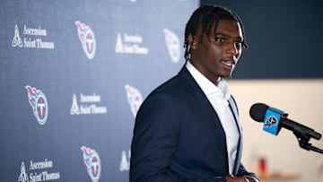 Cam Ward fields questions after being introduced as the Tennessee Titans first-round pick and number one overall pick n the NFL Draft at Ascension Saint Thomas Sports Park in Nashville, Tenn., Friday, April 25, 2025. Mandatory Credit: The Tennessean/USA TODAY NETWORK via Imagn Images