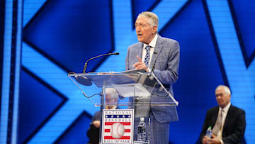 Jul 22, 2023; Cooperstown, NY, USA; Pat Hughes speaks after he was awarded the Ford C. Frick Award for broadcasters during the hall of fame awards presentation at the Alice Busch Opera Theater. 