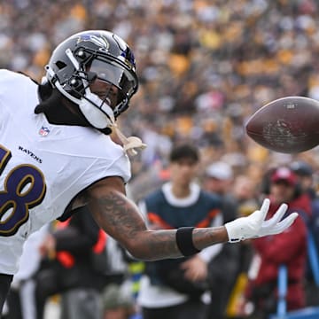 Nov 17, 2024; Pittsburgh, Pennsylvania, USA; Baltimore Ravens wide receiver Diontae Johnson (18) reaches for an incomplete pass against the Pittsburgh Steelers during the first quarter at Acrisure Stadium. Mandatory Credit: Barry Reeger-Imagn Images