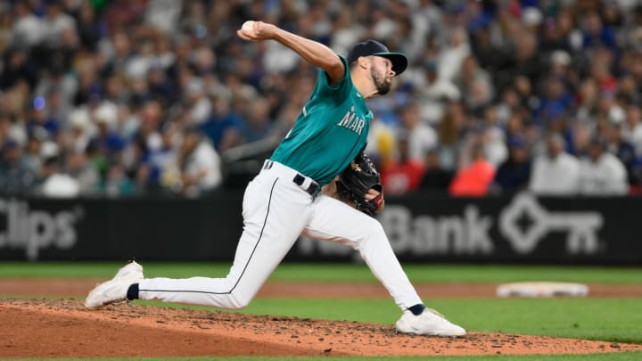 Seattle Mariners relief pitcher Matt Brash pitches to the Los Angeles Dodgers on Sept. 16, 2023, at T-Mobile Park.