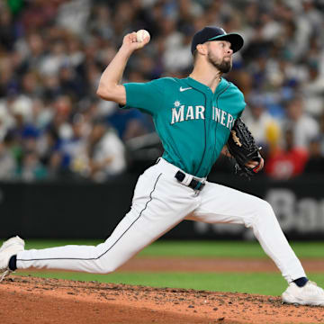 Seattle Mariners reliever Matt Brash throws during a game against the Los Angeles Dodgers on Sept. 16, 2023, at T-Mobile Park.