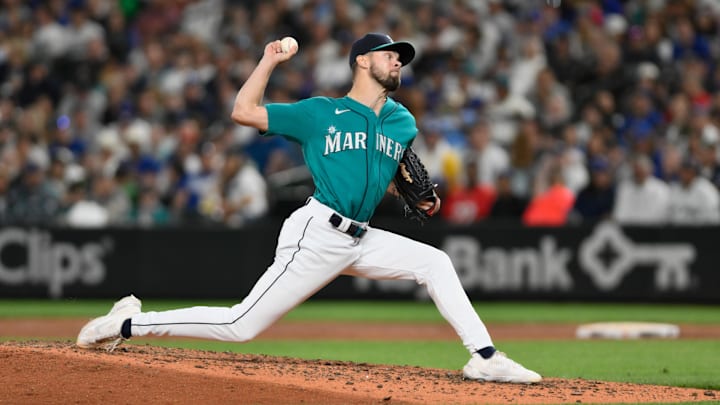 Seattle Mariners reliever Matt Brash throws during a game against the Los Angeles Dodgers on Sept. 16, 2023, at T-Mobile Park.