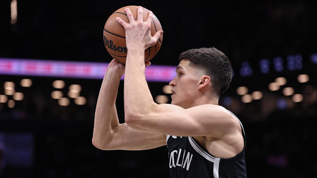 Dec 6, 2025; Brooklyn, New York, USA; Brooklyn Nets guard Egor Demin (8) shoots the ball against the New Orleans Pelicans during the second half at Barclays Center. Mandatory Credit: Vincent Carchietta-Imagn Images
