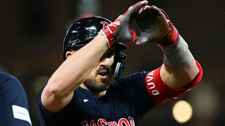 Sep 30, 2023; Baltimore, Maryland, USA;  Boston Red Sox center fielder Adam Duvall (18) reacts after