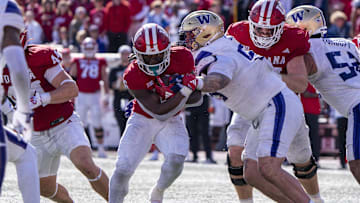 Oct 26, 2024; Bloomington, Indiana, USA; Indiana Hoosiers running back Justice Ellison (6) runs the ball during the fourth quarter against the Washington Huskies at Memorial Stadium. Mandatory Credit: Jacob Musselman-Imagn Images