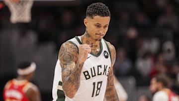 Milwaukee Bucks forward Kyle Kuzma reacts after making a 3-point basket against the Atlanta Hawks during the second half at State Farm Arena on March 4, 2025.