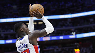 Apr 24, 2025; Detroit, Michigan, USA; Detroit Pistons guard Dennis Schroder (17) shoots in the second half against the New York Knicks during game three of first round for the 2024 NBA Playoffs at Little Caesars Arena. Mandatory Credit: Rick Osentoski-Imagn Images