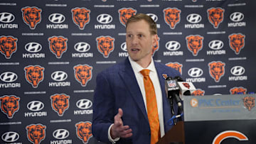 Jan 22, 2025; Lake Forest, IL, USA; Chicago Bears head coach Ben Johnson answers questions during a introductory press conference at PNC Center. Mandatory Credit: David Banks-Imagn Images