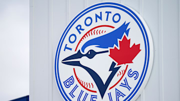 Mar 6, 2021; Dunedin, Florida, USA; A detailed view of the Toronto Blue Jays logo on a building at TD Ballpark during the spring training game between the Toronto Blue Jays and the Philadelphia Phillies. Mandatory Credit: Jasen Vinlove-Imagn Images
