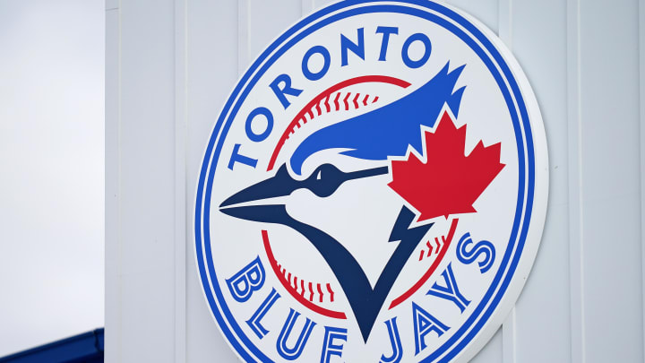 Mar 6, 2021; Dunedin, Florida, USA; A detailed view of the Toronto Blue Jays logo on a building at TD Ballpark during the spring training game between the Toronto Blue Jays and the Philadelphia Phillies. Mandatory Credit: Jasen Vinlove-USA TODAY Sports